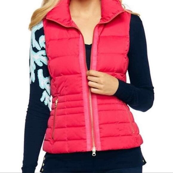 Lilly Pulitzer Pomegranate Outdoor Pink Syd Quilted Down Puffer Vest Size Small - Picture 1 of 11
